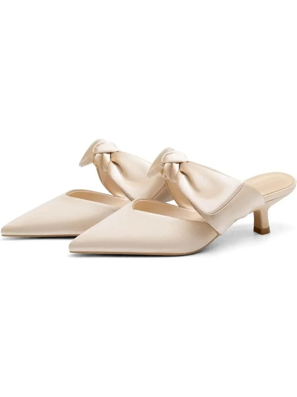 Women's Champagne Rubber Satin Bow Strap Kitten Heels Pointed Toe Slip On Pumps